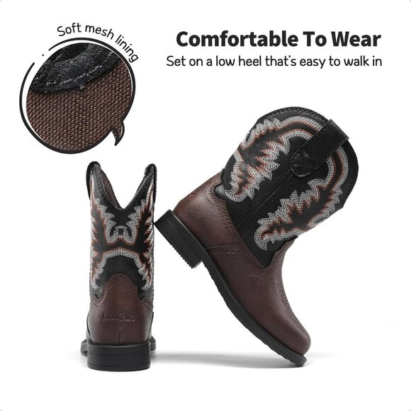 🆕 Men Black Western Cowboy Boots Toddler Square Toe Riding Mid Calf Shoes - Picture 6 of 7